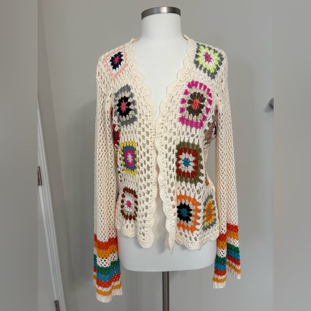 Women's Colorful Crochet Granny Square Cardigan Sweater Size Large